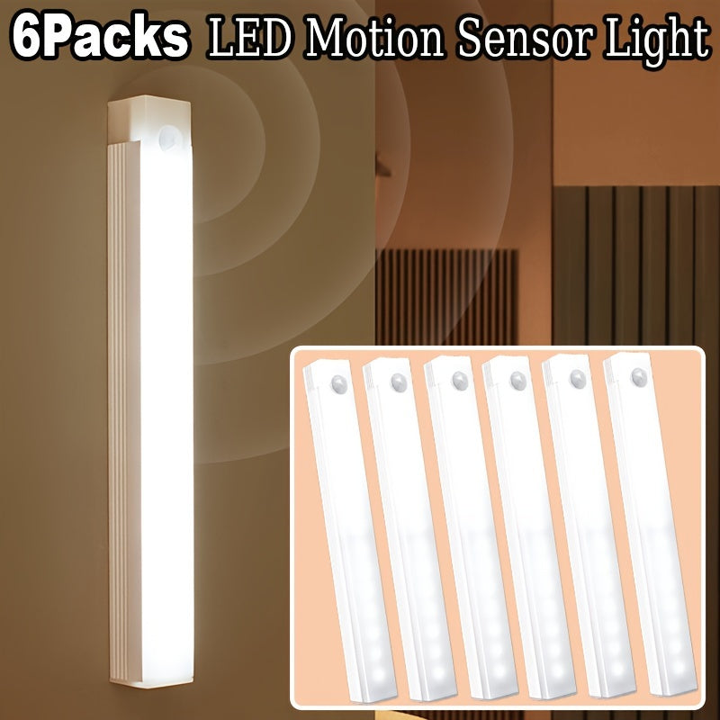 6pcs Smart LED Motion Sensor Lights with wireless charging, USB powered, rechargeable lithium polymer battery, white color, plastic material, indoor use for kitchen, wardrobe, and staircase.