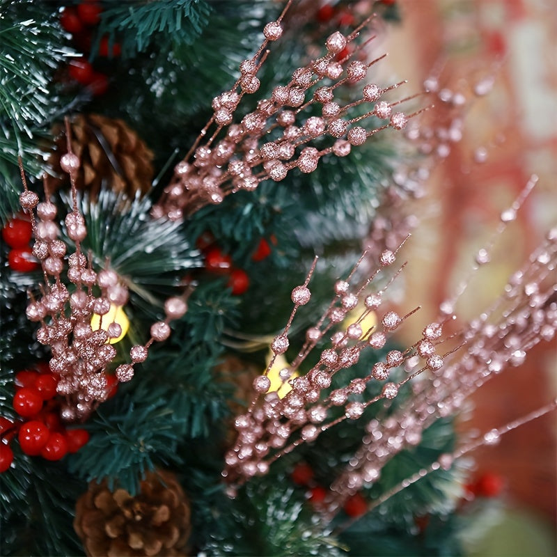 4 artificial glitter berry stem ornaments for Christmas tree or vase, 17 inches in rose gold.