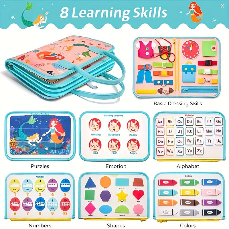 Popular Choice: Mermaid-Inspired Early Learning Felt Busy Board for Kids - Features 5 Levels of Educational Fun with Life Skills, Alphabet, Numbers, Shapes, Colors, Animals & Weather - Great On-the-Go Toy, Perfect for Easter, Christmas, Birthdays