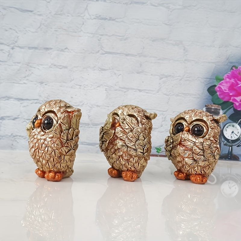 3 European-style owl figurines crafted from resin for indoor decoration in living rooms, offices, and home decor - versatile and no need for electricity.