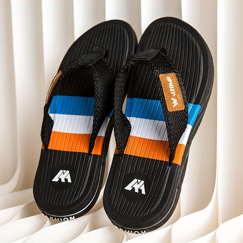 Stylish men's color block flip flops with non-slip rubber sole for indoor activities.