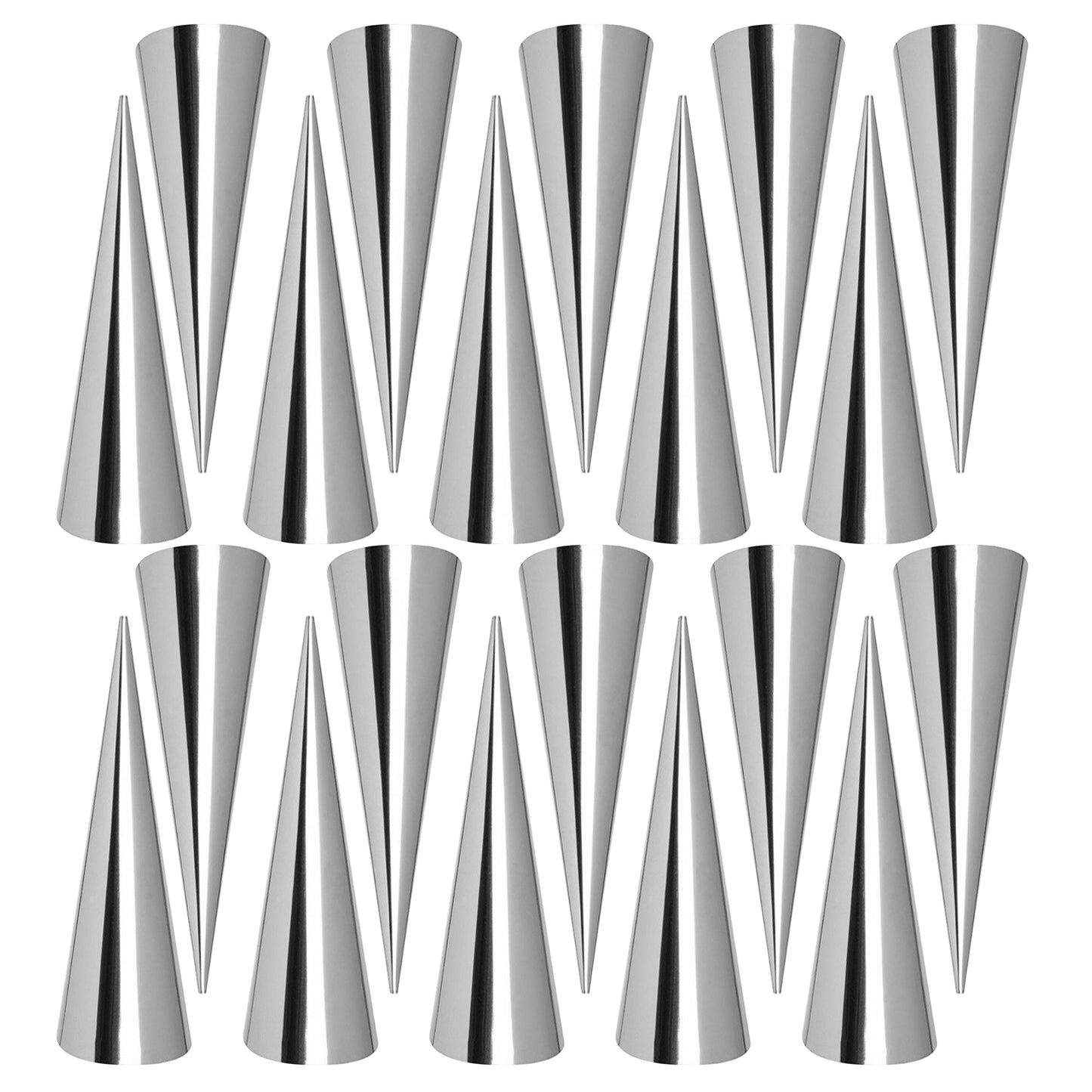 Set of 30 stainless steel cone-shaped molds for making croissants, cannolis, cream rolls, puffs, waffle cones, and more baking supplies and kitchen gadgets.