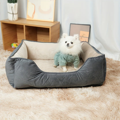 Square pet bed for medium to large dogs, cozy and warm with polyester fiber and pillow cushion, perfect for winter comfort. Beige, non-assemblable design.