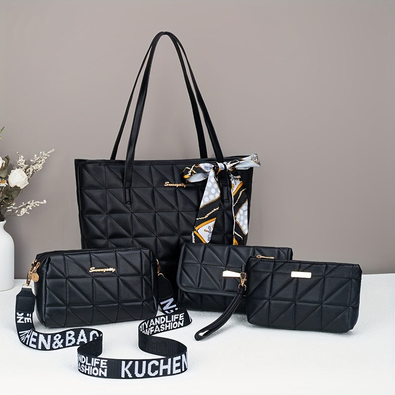 Fashionable, lightweight four-piece set of large capacity handbags, featuring a trendy rhombus grid design.