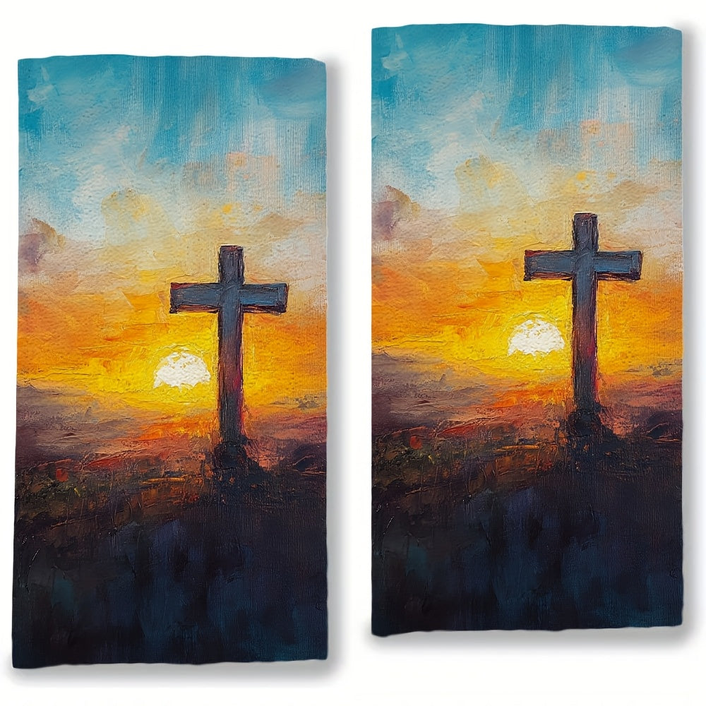 2 pieces of ultra soft kitchen towels featuring an Easter sunrise oil painting style. These highly absorbent and machine washable dish hand towels measure 40.64x60.96 cm, making them perfect for holiday decor.