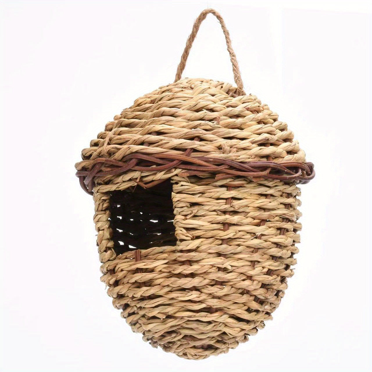 Handmade rattan birdhouse for outdoor birds in natural seagrass design.