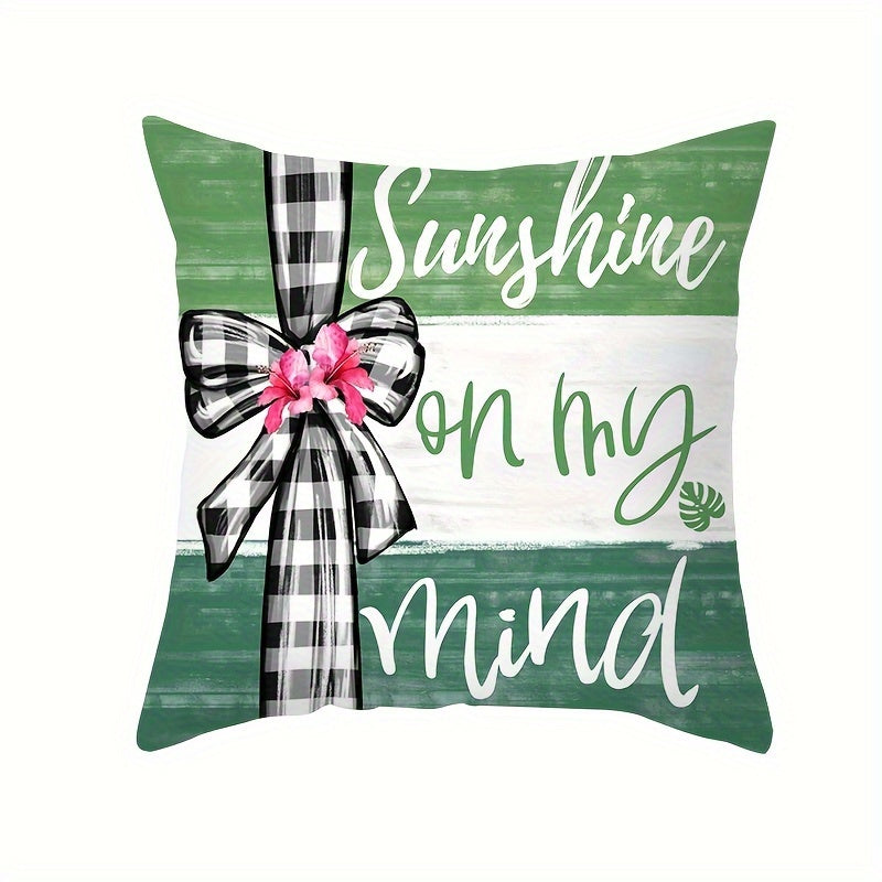 Brighten up your space with the "Sunshine on My Mind" Green Leaves Throw Pillow Cover. Measuring 43.99cm square, this pillow cover is made of stain-resistant polyester and features a hidden zip closure for easy removal and cleaning. Perfect for adding a