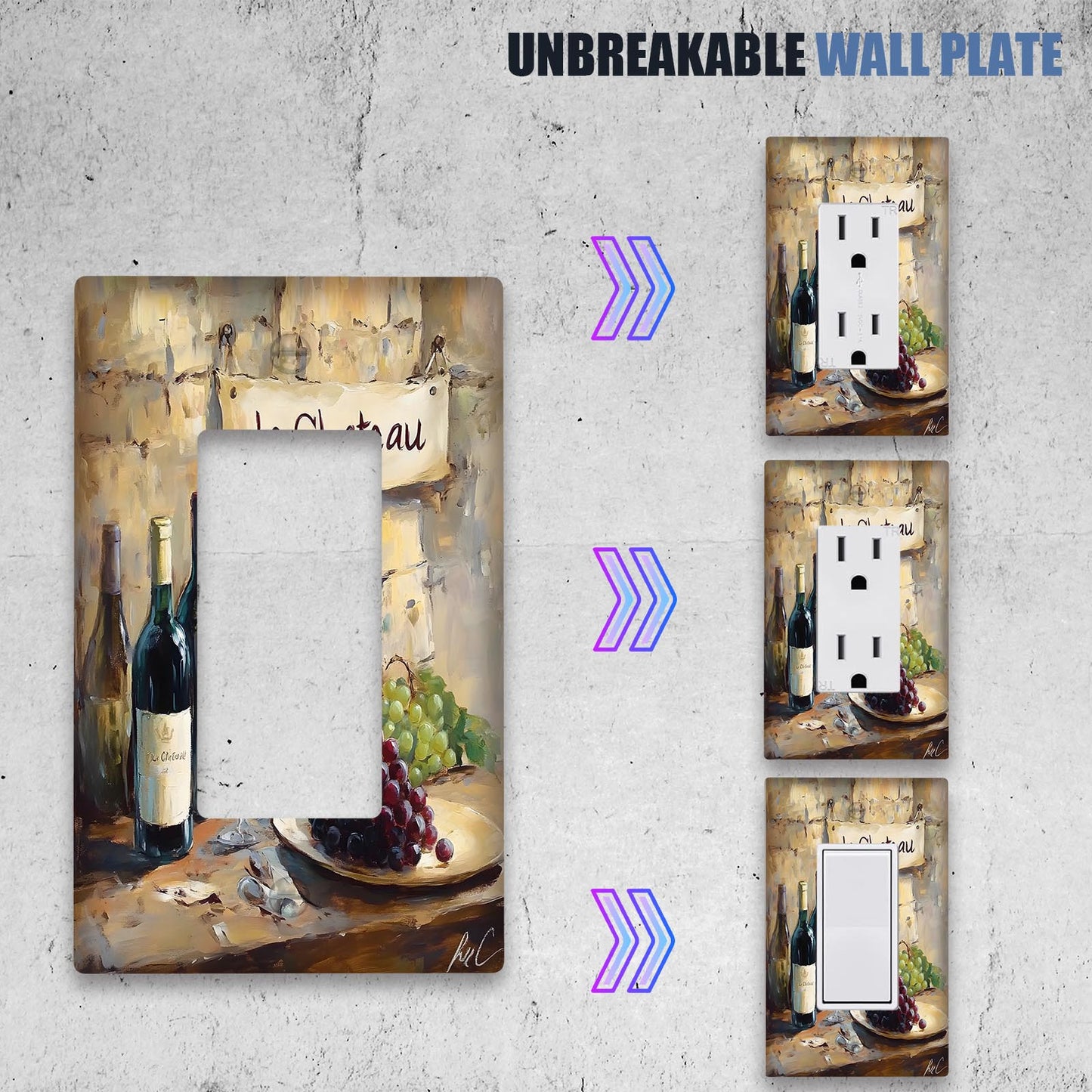 Decorative wall plate featuring wine and grapes design, suitable for light switches in kitchen, bathroom, bedroom, and living room.Requires no electricity or batteries, easy to clean and versatile.