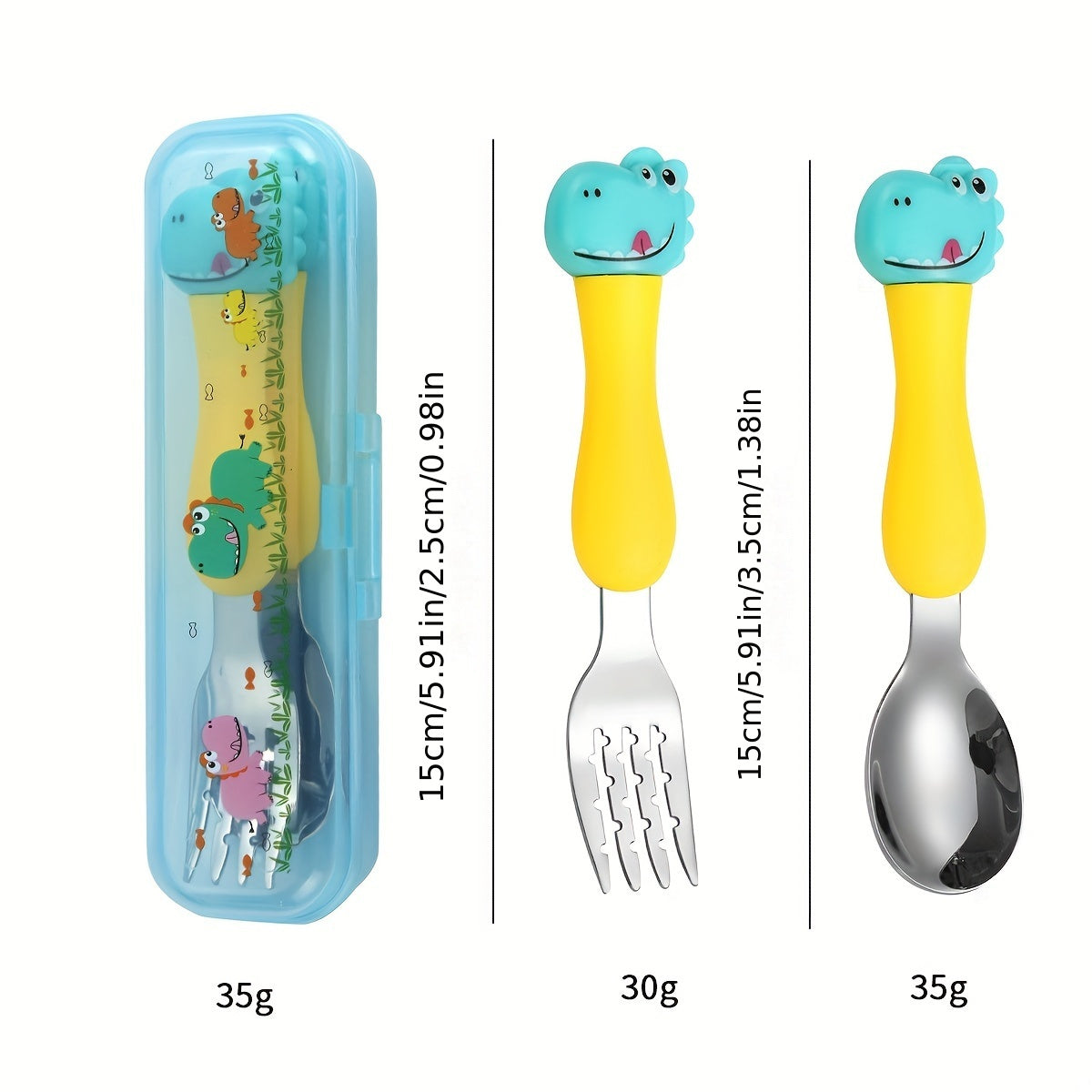 Children's cartoon dinosaur fork and spoon set made of portable 304 stainless steel for learning and training purposes.