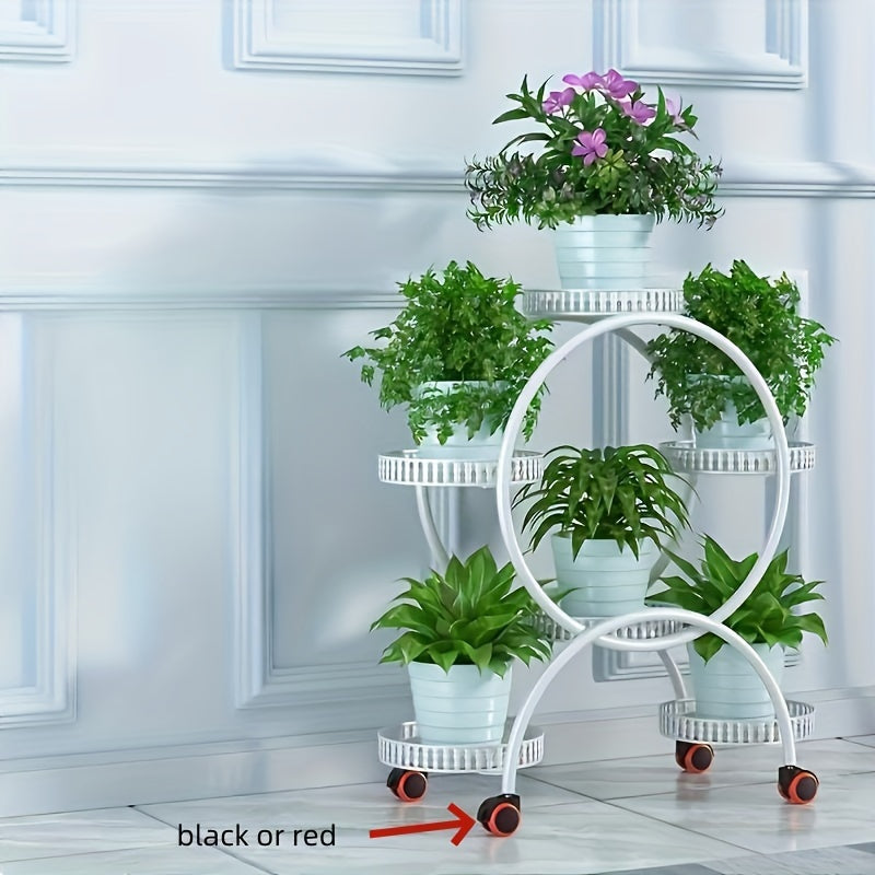 European-style metal hanging plant stand with wheels, multi-level mobile planter rack, circular design for indoors and outdoors.