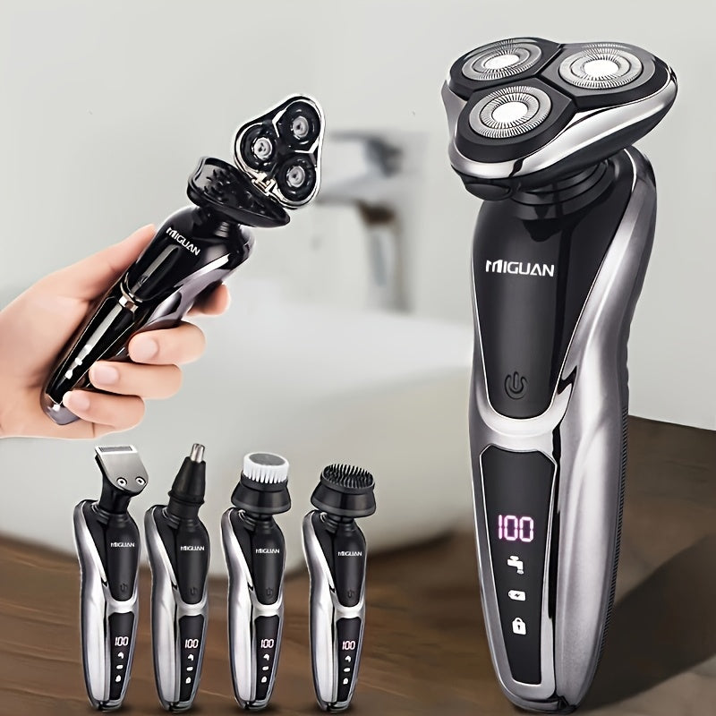 Men's electric razor with rechargeable beard trimmer, nose and sideburn trimmer, face cleaning brush, and grooming kit - perfect Father's Day gift.