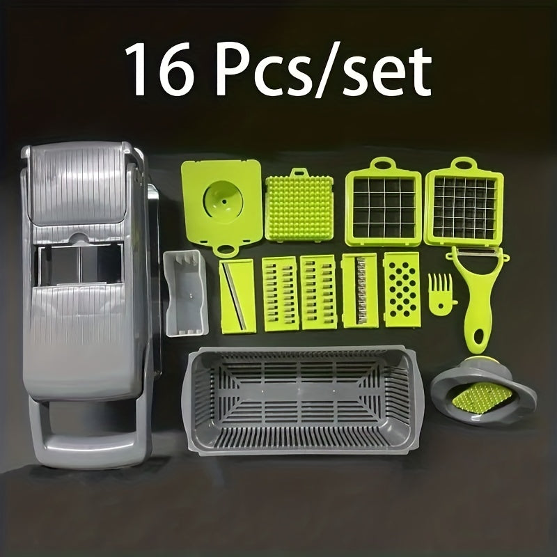 Set of 22 pieces, including a vegetable chopper, multifunctional fruit slicer, manual food grater, vegetable slicer, cutter with container, onion mincer chopper, household potato shredder, peeler, and various kitchen gadgets. Perfect for dorm essentials