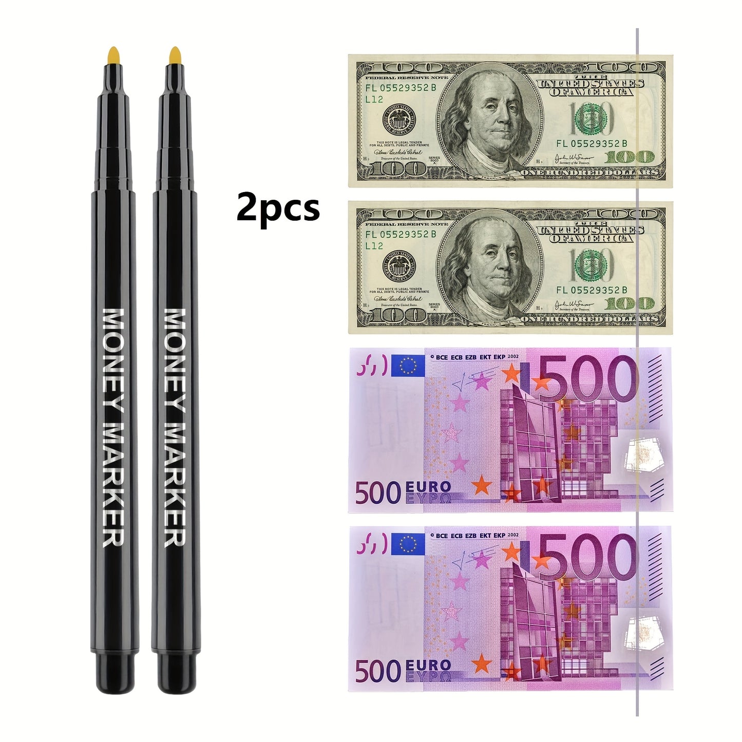 Non-electric counterfeit money marker pens with fading ink, available in 1/2/3 pack. Ideal for verifying multi-currency authenticity without batteries.