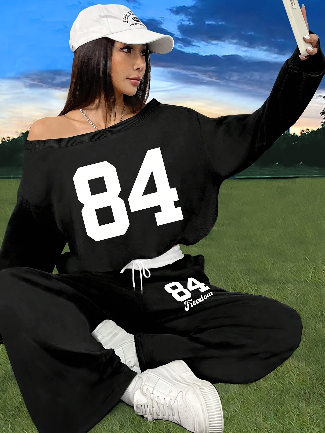 2-piece set with letter print asymmetrical neck long sleeve top and jogger pants for women