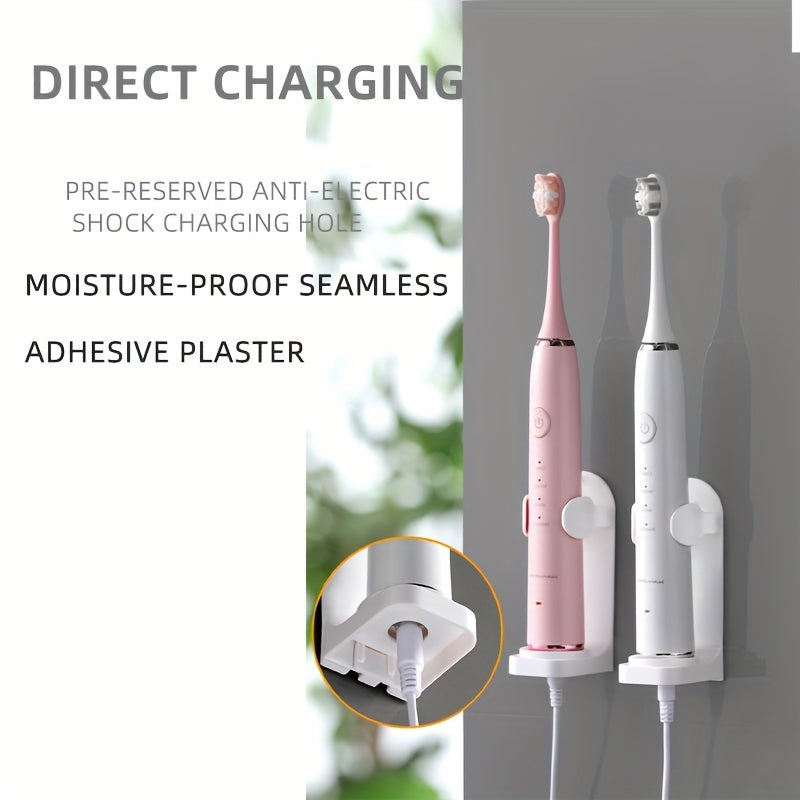 Wall-mounted electric toothbrush holder, no drill required, saves space in bathroom for toothbrushes and accessories.