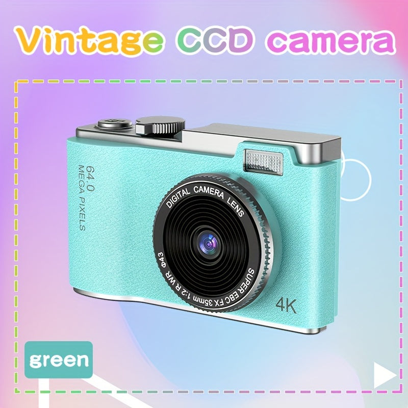 Retro-style 4K HD CCD digital camera with dual lens, USB-C charging and image transfer, perfect for students and photography enthusiasts.