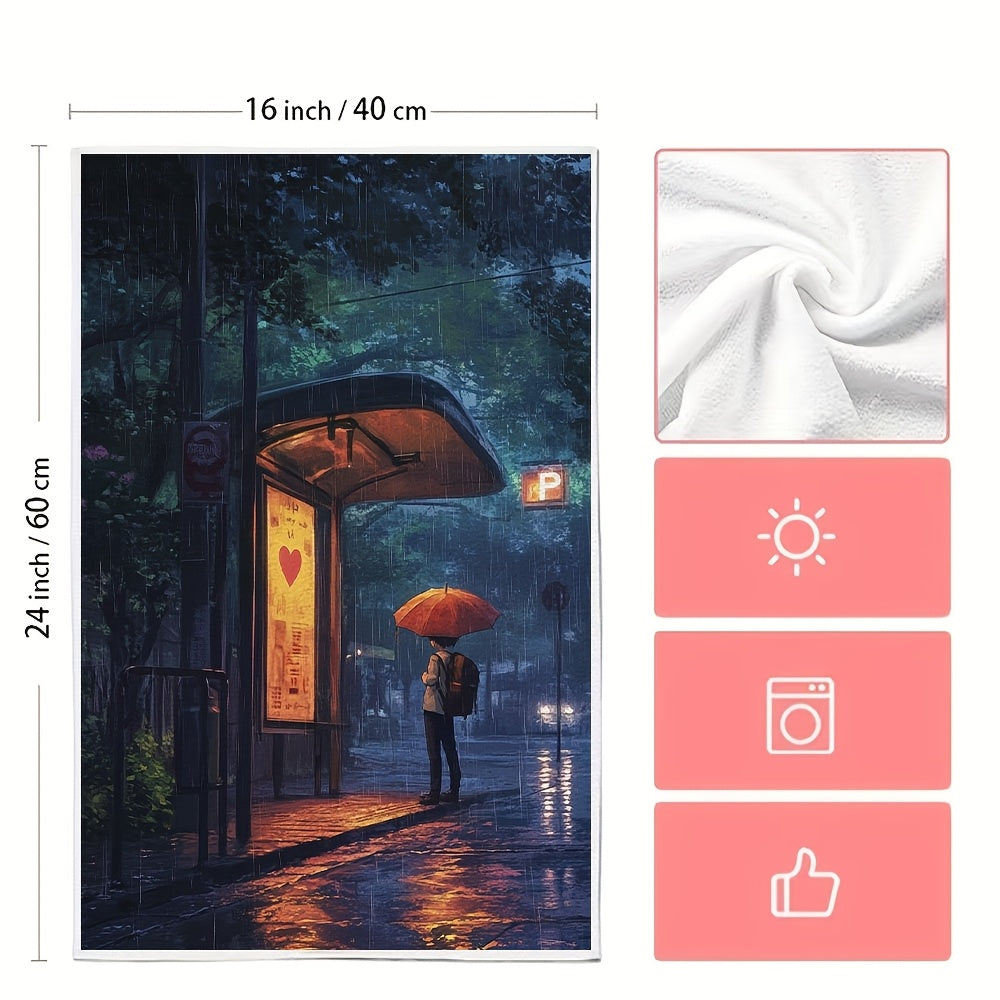 Set of 2 Ultra Soft Kitchen Towels featuring an Anime Boy Waiting at a Bus Stop with Heart Shaped Umbrella for his Date. Highly Absorbent Dish Hand Towels for Holiday Decor, Machine Washable, 16x24 Inch - Item Number 2KYSYS1215129