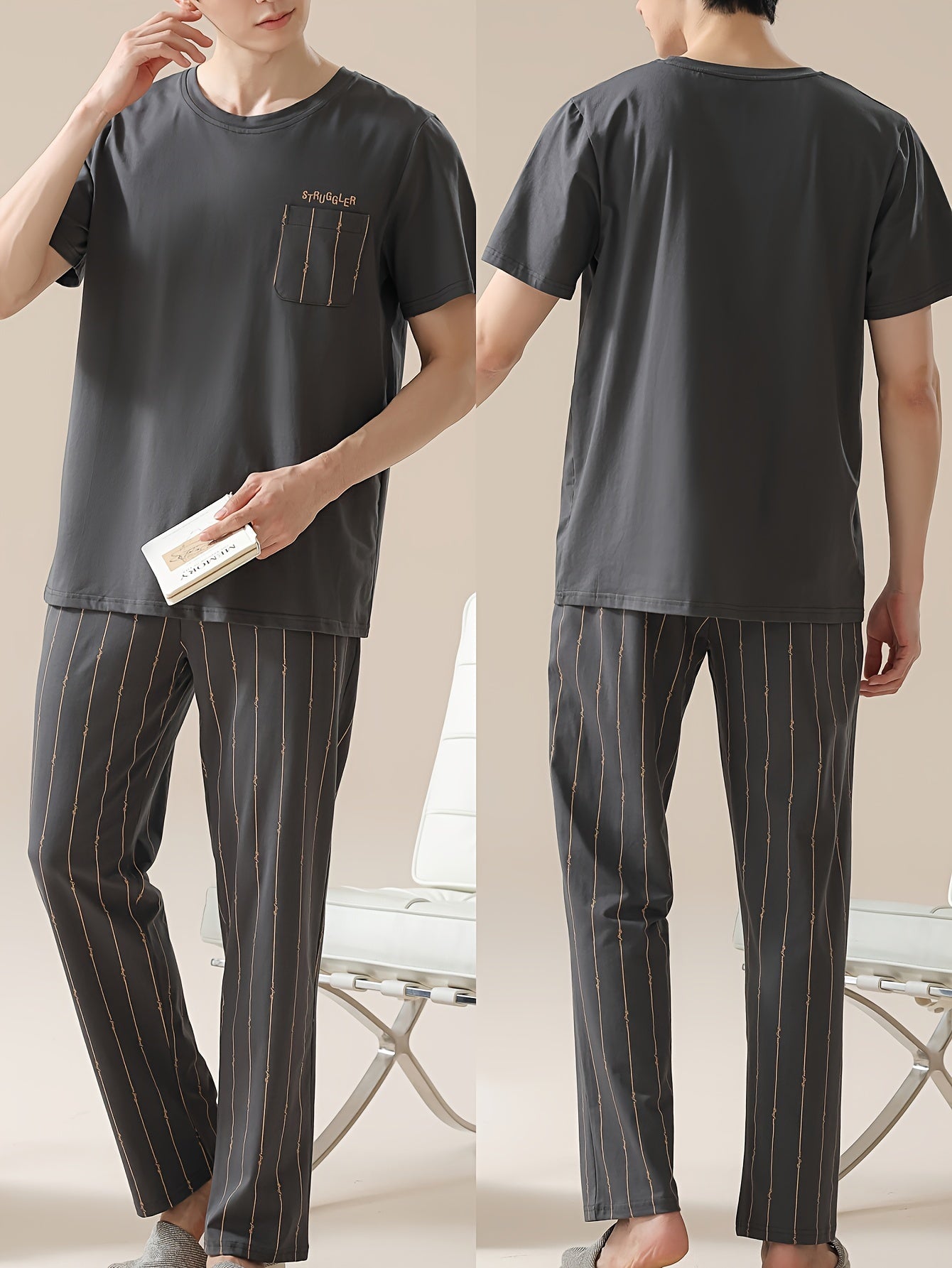 Men's 2-piece simple pocket round neck short sleeve pajama set with striped trousers. Comfortable and skin-friendly for cozy loungewear.