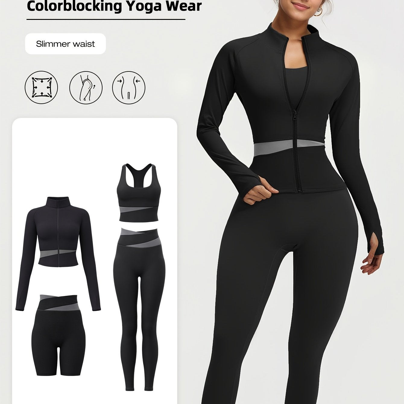 4-piece yoga workout set for women with zipper jacket, leggings, and sports bra in Euro sizes for running and fitness.