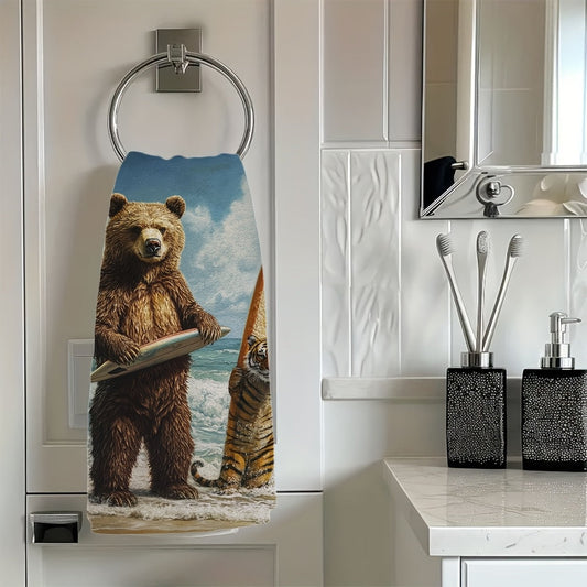 Get your hands on 2 pieces of ultra soft kitchen towels featuring fun Surfer Bear and Tiger designs. These highly absorbent dish hand towels are perfect for holiday decor. They are machine washable and each towel measures 16x24 inches. Item number