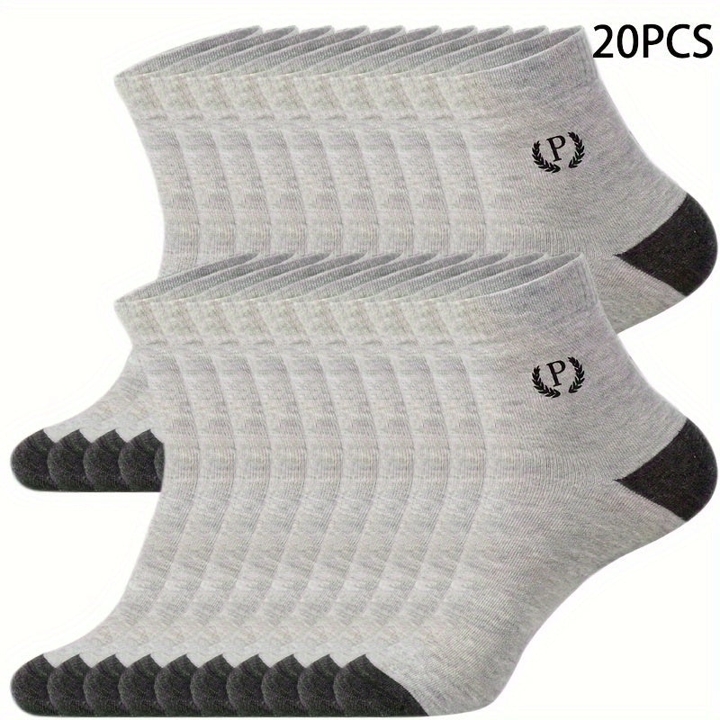 20 pairs of men's mid-calf socks in solid colors for sports and casual wear.