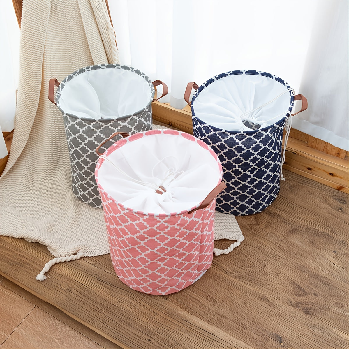 Retro-style fabric laundry hamper with lid, waterproof and multifunctional. Perfect for clothes and sundries organization in your home.