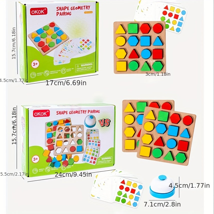 Wooden dual-player battle game with geometric shape matching and building blocks. Enhances youngsters' thinking skills. Colorful two-player desktop competition toy with timer.