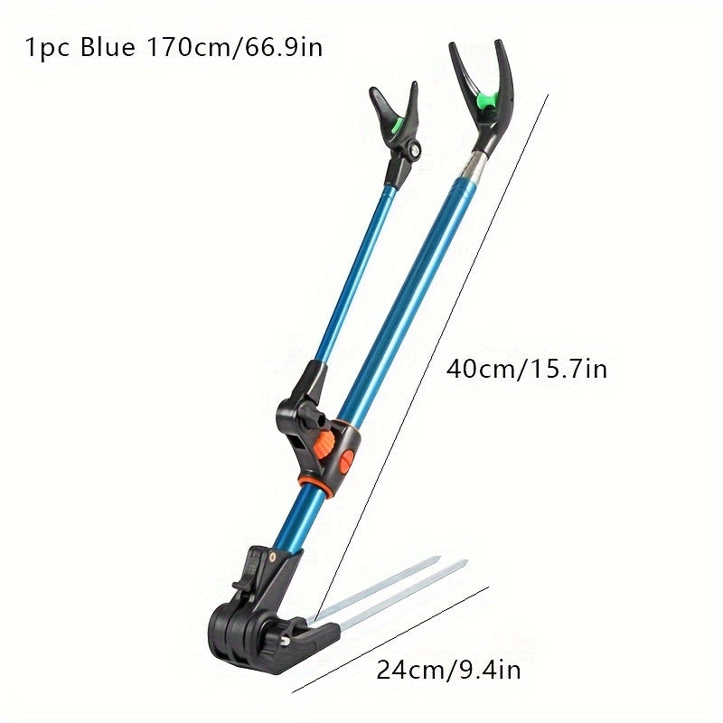 Adjustable stainless steel fishing rod holder with ground spike for secure rod storage, ideal for outdoor fishing gear. Comes in blue and red models with rubber grips.