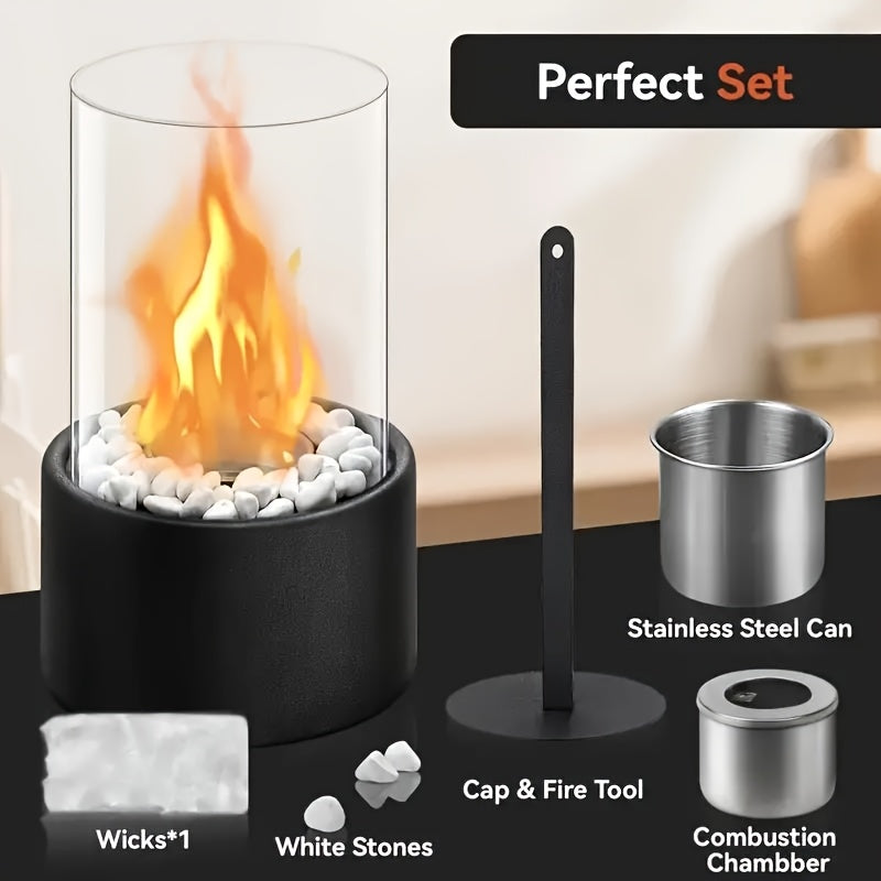 Enjoy the cozy ambience of a 1pc Portable Tabletop Fireplace. This smoke-free alcohol fire pit features sleek glass and metal design, complete with a stainless steel chimney, combustion chamber, and all necessary accessories. Perfect for both indoor and