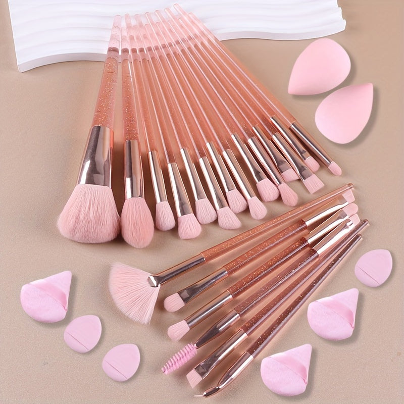 28pc Makeup Brush Set with various brushes for face and eyes, includes beauty sponges and puffs, suitable for all skin types.