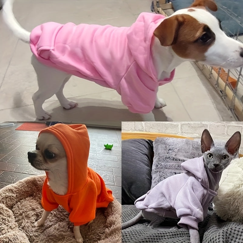 Stylish hooded sweatshirts for small to medium pets in various colors, made of durable all-season polyester. Perfect for winter wear.