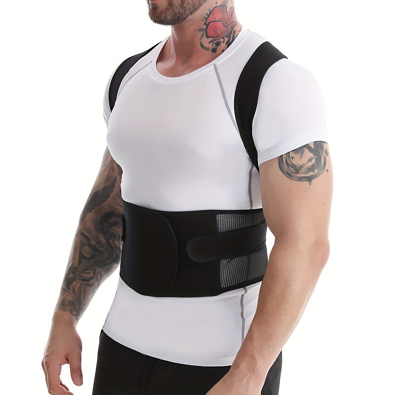 Adjustable men's vest with wide waist support and back brace made of neoprene, polyester, and nylon blend, in a sports style.