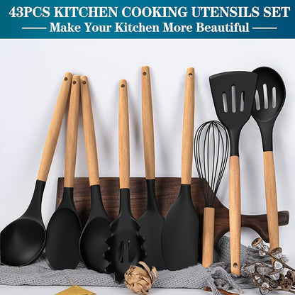 Set of 43 Silicone Cooking Utensils with Wooden Handle - Non-Stick and Heat Resistant Spatula Set for Baking, Cooking, and Mixing. Includes Holder for Best Kitchen Gadgets and Accessories.