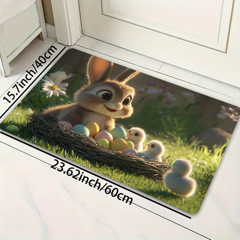 Easter-themed Rug featuring Adorable Rabbit and Chicks design, 8mm Thick Polyester Material for Anti-Slip Properties, Easily Washable Rectangle Mat suitable for Kitchen, Living Room and Bedroom Decor