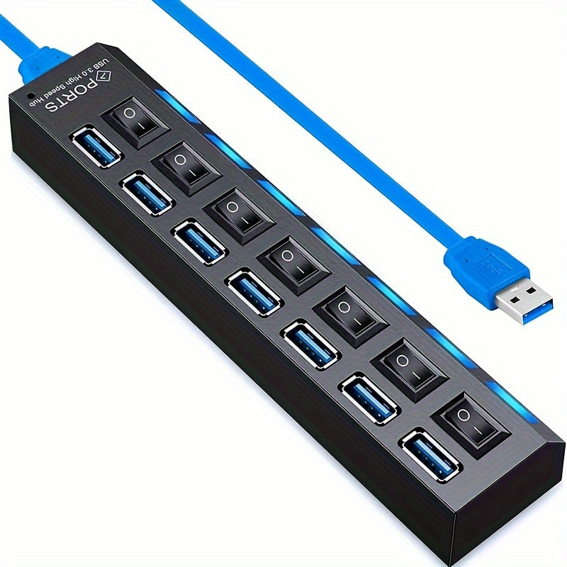 USB 3.0 хаб с 7 портами, светодиодный переключатель, быстрая передача данных, универсальная совместимость, прочный дизайн, не требуется батарея.