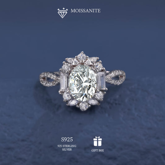 Stylish 2ct Moissanite Engagement Ring - Non-irritating S925 Sterling Silver, Exquisite Bohemian Design featuring Oval Pigeon Egg Cut, Ideal for Wedding & Anniversary, Comes with Certificate & Gift Box.