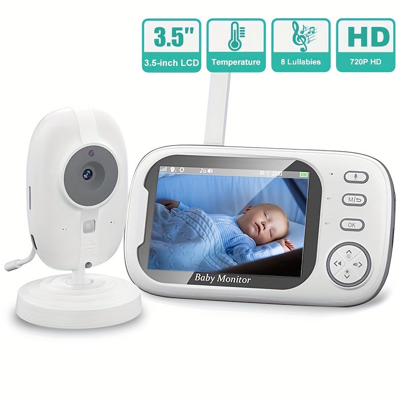 Camera with 720P resolution, featuring an 8.89 cm LCD screen, with wireless transmission video monitor range of 274.32 meters. Includes auto night vision, 2-way audio calling, temperature sensor, and 8 lullaby songs. Also comes equipped with an editor