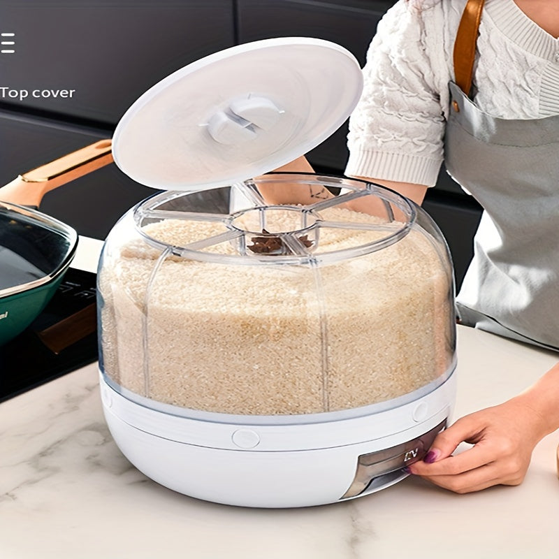 360-degree Rotating Grain Storage Box with 6 Compartments, Measuring Cup, and Automatic Rice Dispenser Button. Ideal for storing rice, cereals, grains, flours, pet food, and maintaining freshness. Perfect for organizing your kitchen supplies.