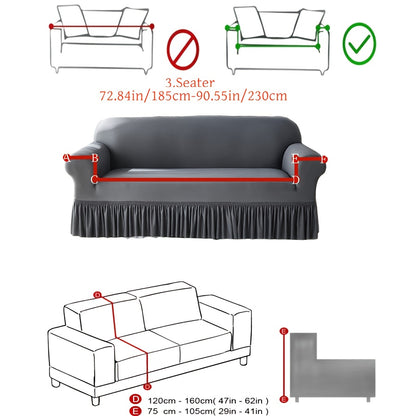 Elastic sofa cover with skirt, universal for all seasons, suitable for living room, office, and home decor.