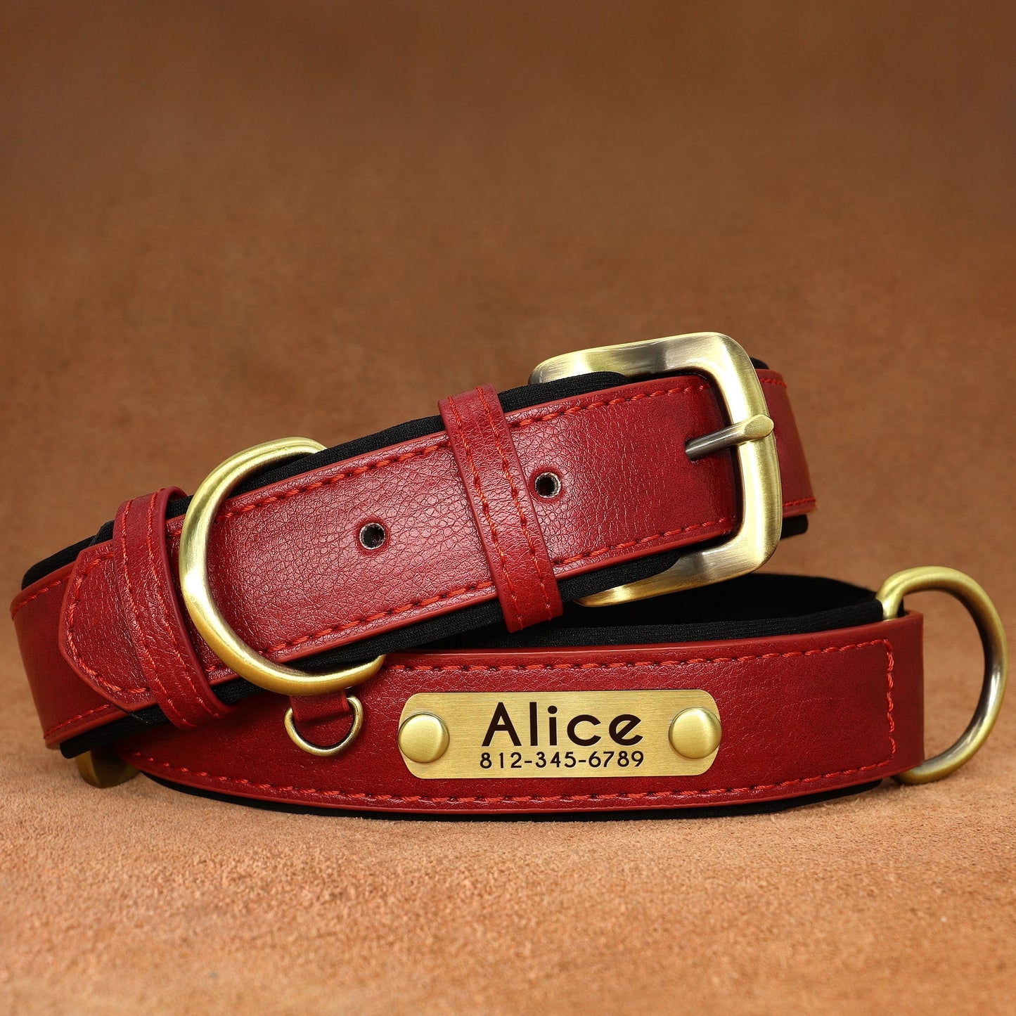 Customized Dog Collar made with faux leather, neoprene padding, and durable nameplate for small to medium dogs.