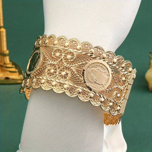 Zinc Alloy Cuff Bracelet with Vintage Filigree Design, Gold-Tone Bangle for Women, Perfect for Daily Wear, Parties, or as a Wedding Accessory