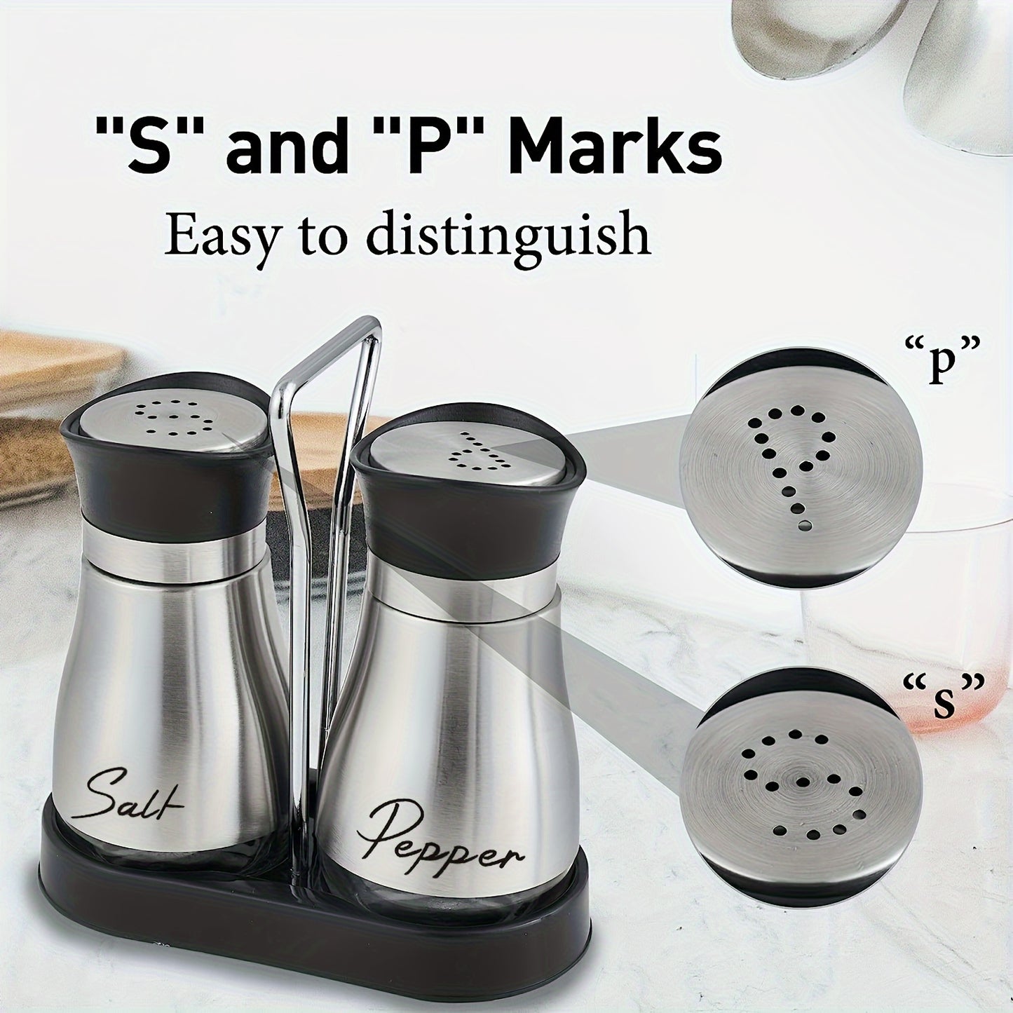 Salt and pepper shakers set with stainless steel bracket and electroplated handle, perfect for table, RV, camp, or BBQ.