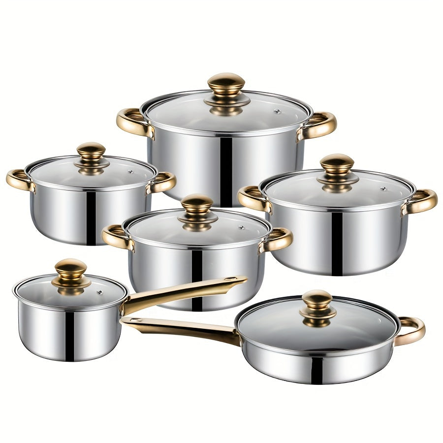 Stainless Steel Cookware Set of 12 Pieces with Elegant Golden Handles, Includes Kettle for Kitchen and Cooking, Perfect for Cross-border E-commerce