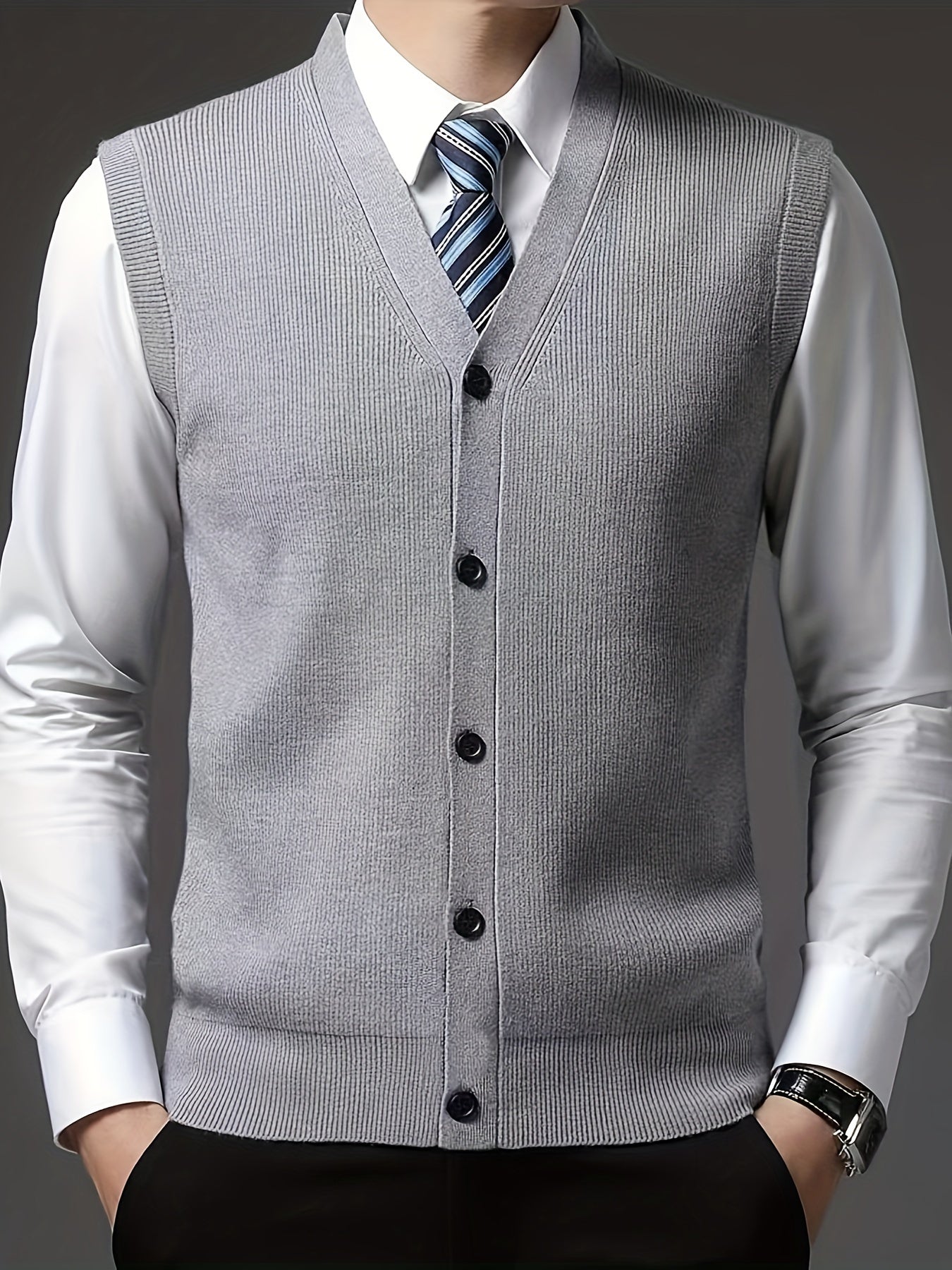 Men's solid color V-neck knitted vest for autumn and winter.