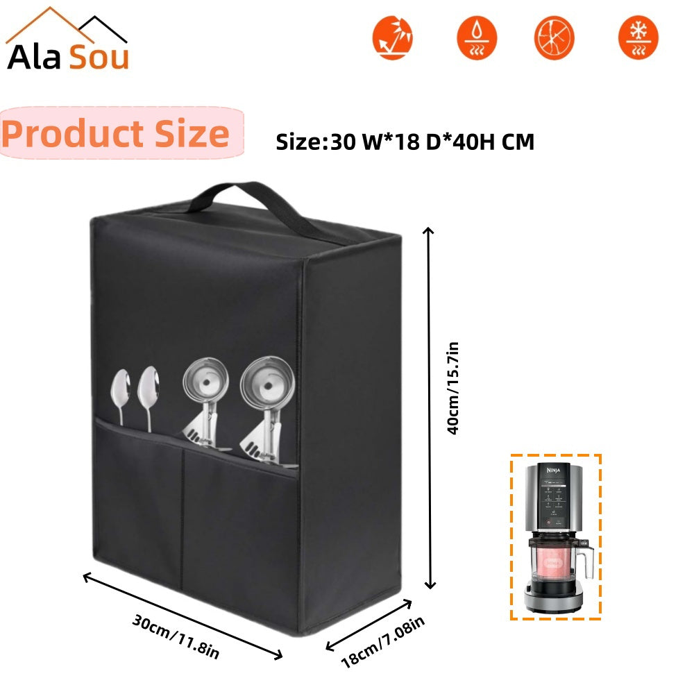 Protect your ice cream maker with the AlaSou Heavy-Duty Dust Cover. The black cover features a clear window, is waterproof and easy to clean. Compatible with various types of ice cream, it includes a handle and storage pocket for convenient kitchen and