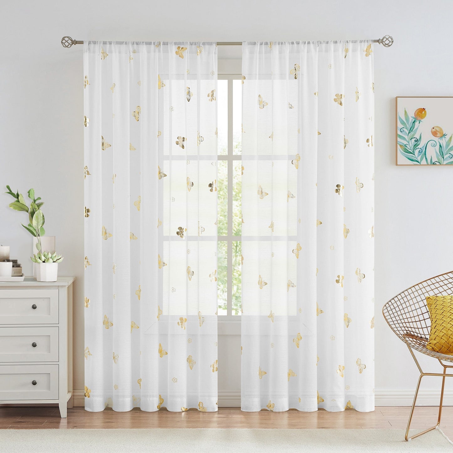 Two pieces of beautiful golden butterfly natural translucent curtains, perfect for adding a flowy and romantic touch to any bedroom or living room. These curtains come in 63, 84, or 95 inches, and feature a linen texture with a bamboo festival yarn