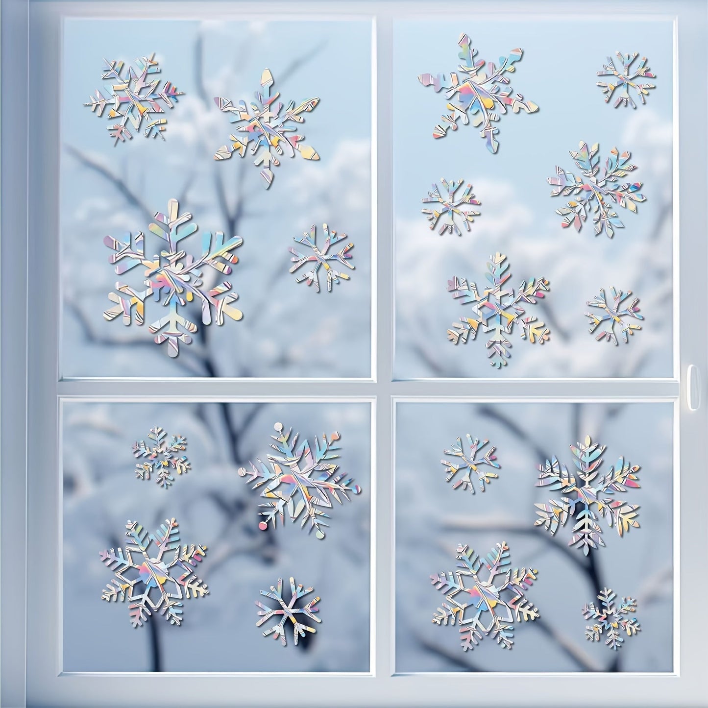 Window snowflake decals for glass windows, including 26 pieces for larger windows and 13 pieces for smaller windows. These decals are designed to prevent bird collisions with windows and feature a non-adhesive prismatic design. Decorate your windows with