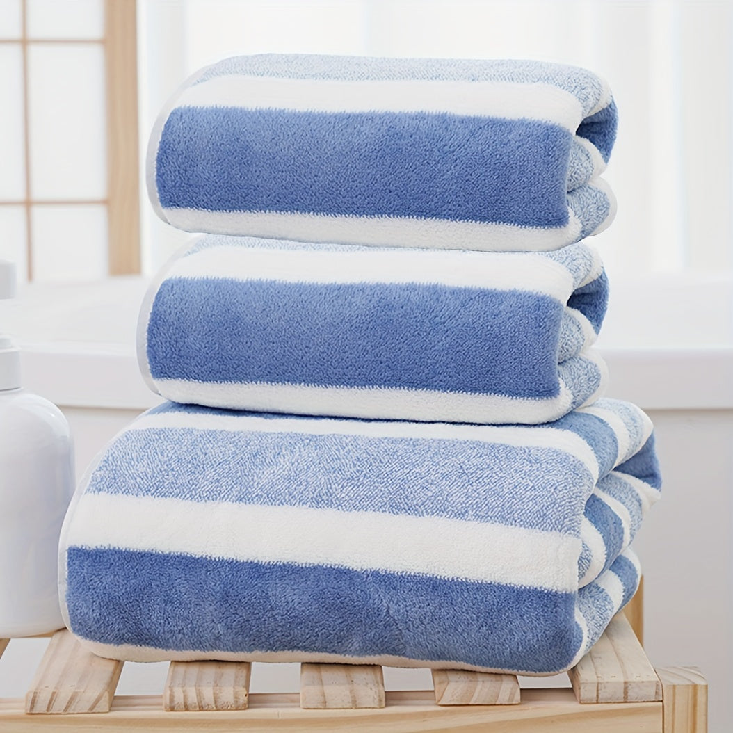 3-piece striped towel set includes 1 bath towel and 2 hand towels. Soft, absorbent, and quick-drying for the bathroom.