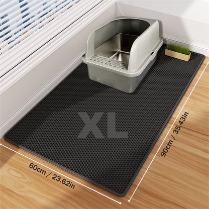 Large cat litter mat made of EVA material prevents spills and leaks, containing litter. Non-slip, washable, waterproof, and odor-resistant. Ideal for litter boxes and protecting pet items.