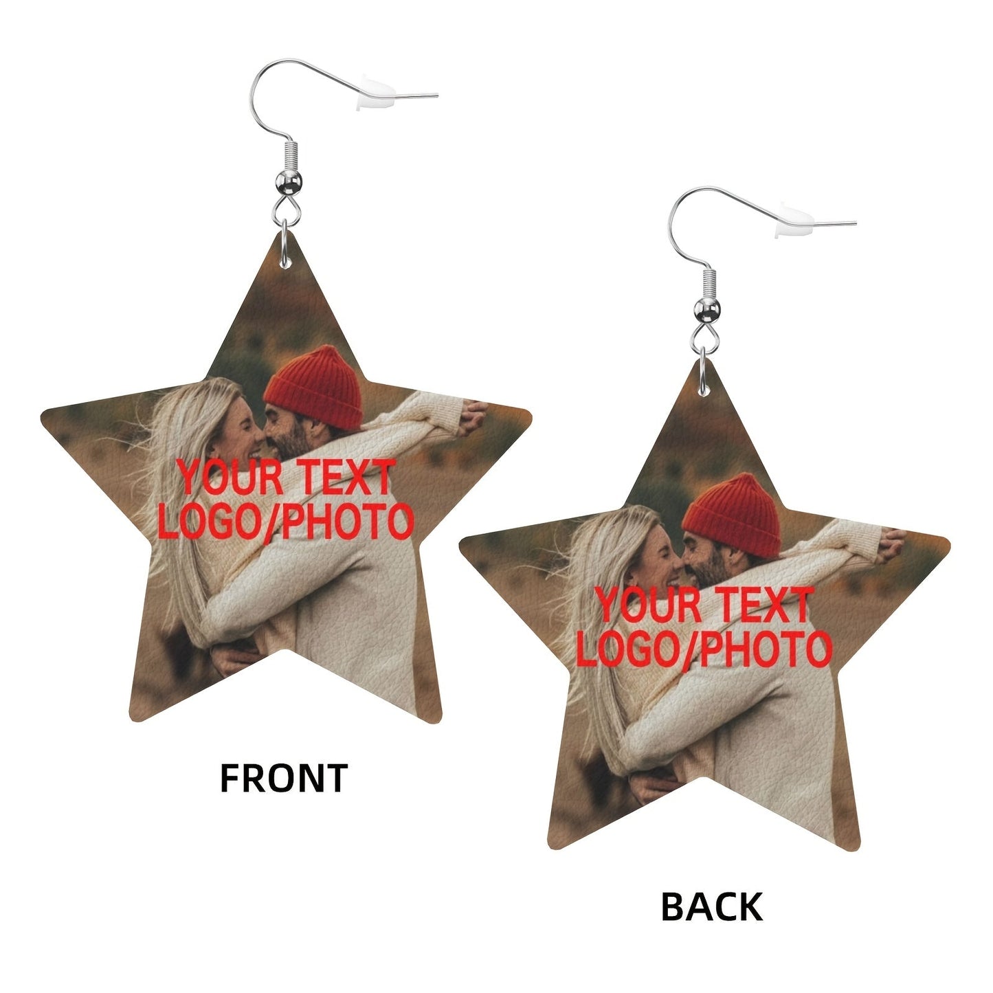 Beautiful pair of personalized leather star earrings, with custom text/photo/logo design, made with 925 silver plating. Perfect for special occasions like anniversaries, weddings, Mother's Day, birthdays, and Christmas. This versatile jewelry is suitable